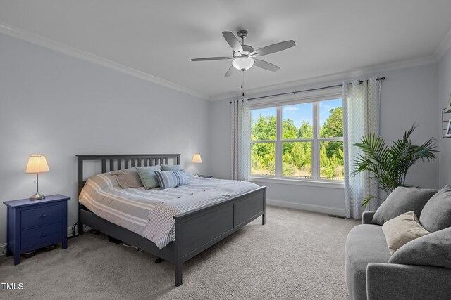 192 Logbridge Rd, Chapel Hill, NC 27516 - bedroom featuring light carpet, baseboards, ornamental molding, and a ceiling fan
