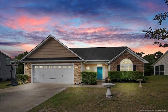 1624 Citation Ct, Parkton, NC 28371 - ranch-style house with concrete driveway, a yard, stone siding, and a garage