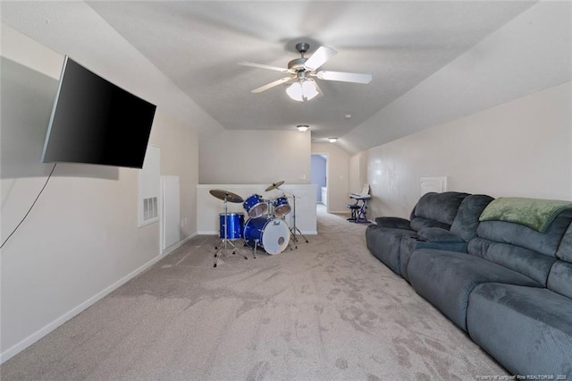 1624 Citation Ct, Parkton, NC 28371 - carpeted living room with a ceiling fan and lofted ceiling