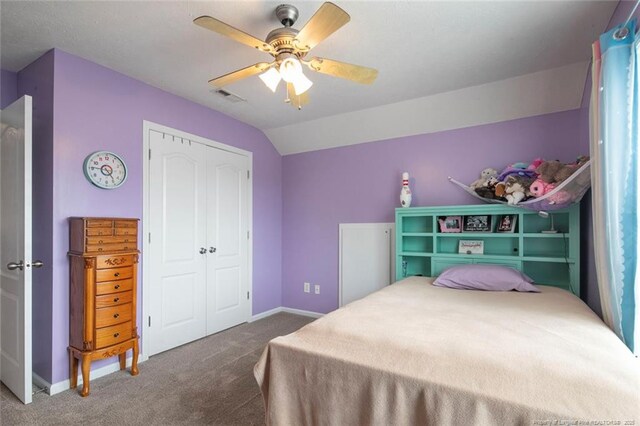 1624 Citation Ct, Parkton, NC 28371 - bedroom featuring carpet floors, a closet, a ceiling fan, and vaulted ceiling