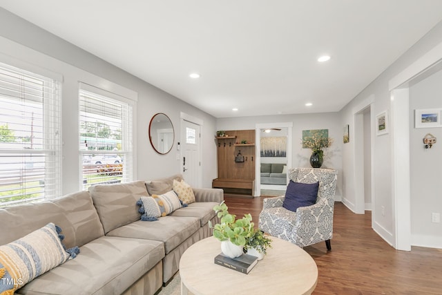 living area featuring wood finished floors, baseboards, and recessed lighting