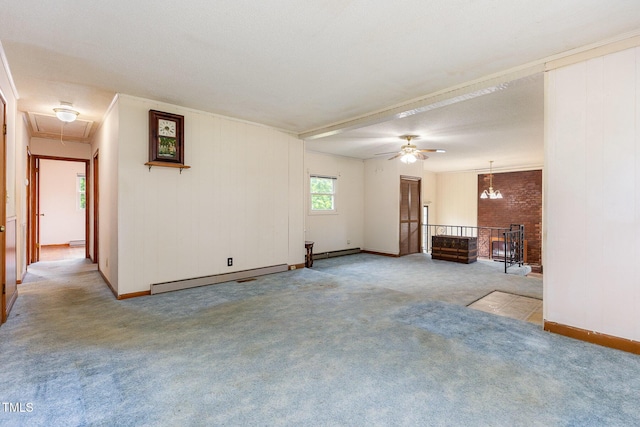 unfurnished living room with attic access, a baseboard radiator, light carpet, and a ceiling fan