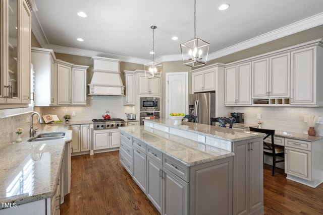 117 Synandra Ln, Holly Springs, NC 27540 - kitchen featuring a sink, appliances with stainless steel finishes, a center island, premium range hood, and backsplash