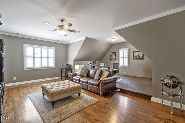 117 Synandra Ln, Holly Springs, NC 27540 - living room featuring healthy amount of natural light, ceiling fan, wood finished floors, crown molding, and baseboards