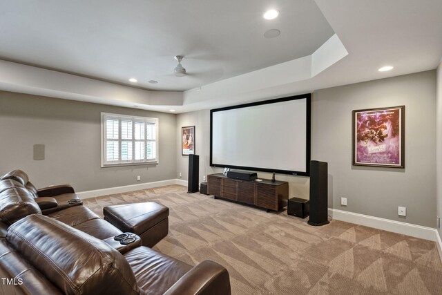 117 Synandra Ln, Holly Springs, NC 27540 - home theater with recessed lighting, light colored carpet, a ceiling fan, baseboards, and a tray ceiling