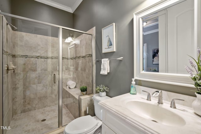 117 Synandra Ln, Holly Springs, NC 27540 - full bathroom featuring ornamental molding, vanity, toilet, and a stall shower
