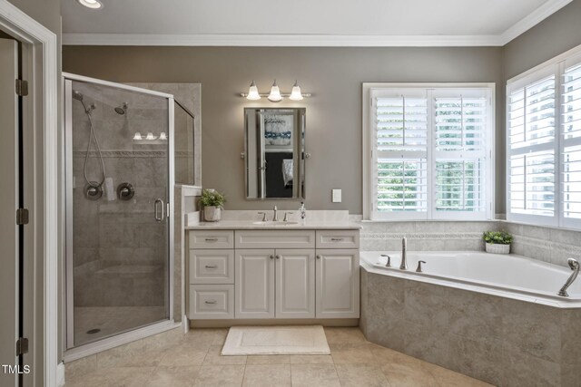 117 Synandra Ln, Holly Springs, NC 27540 - bathroom featuring vanity, plenty of natural light, a garden tub, a stall shower, and ornamental molding