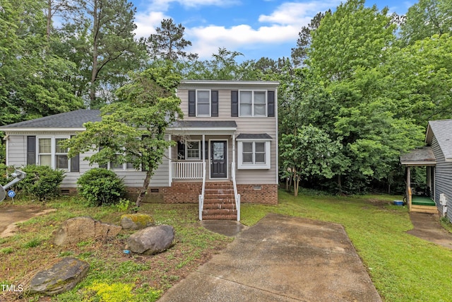 view of front of property with crawl space, a porch, a front yard, and a shingled roof