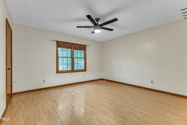 empty room featuring light wood-style floors, ceiling fan, and baseboards