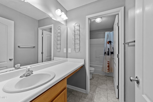 3705 Rivermist Dr, Raleigh, NC 27610 - full bath with vanity, toilet, tile patterned flooring, shower / bath combination with curtain, and a textured ceiling