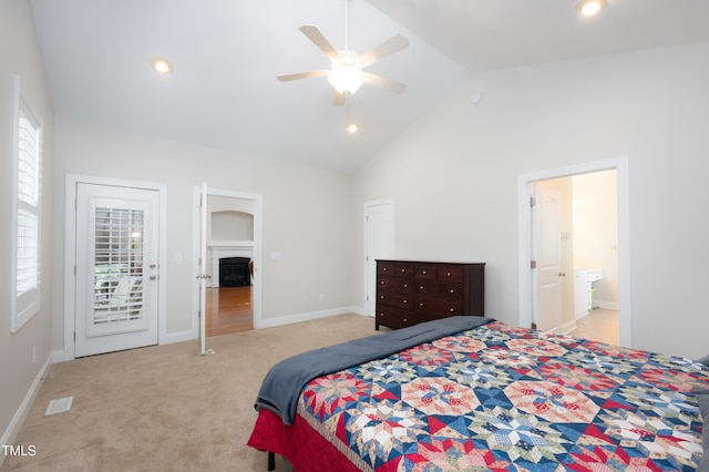 1218 Crystalwater Dr, Fuquay Varina, NC 27526 - bedroom with light carpet, high vaulted ceiling, baseboards, a fireplace, and recessed lighting