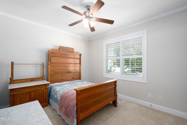 1218 Crystalwater Dr, Fuquay Varina, NC 27526 - bedroom featuring ornamental molding, light carpet, baseboards, and a ceiling fan