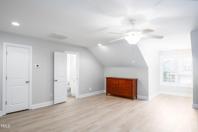 1218 Crystalwater Dr, Fuquay Varina, NC 27526 - bonus room with a ceiling fan, light wood-type flooring, recessed lighting, vaulted ceiling, and baseboards