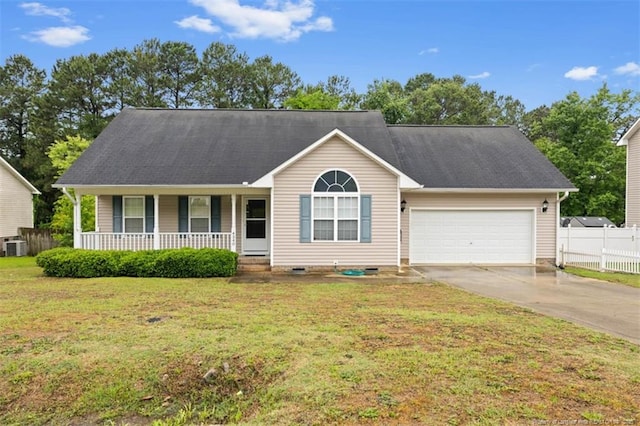 single story home featuring a porch, driveway, an attached garage, and crawl space