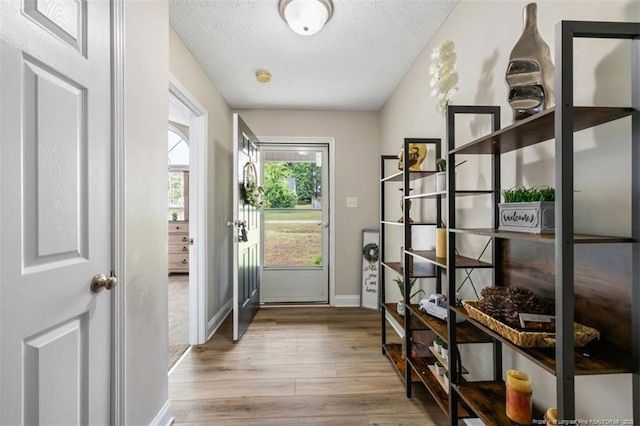 doorway to outside featuring wood finished floors, baseboards, and a textured ceiling