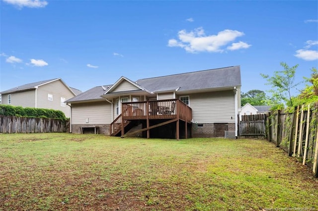 rear view of house with a deck, stairs, and crawl space
