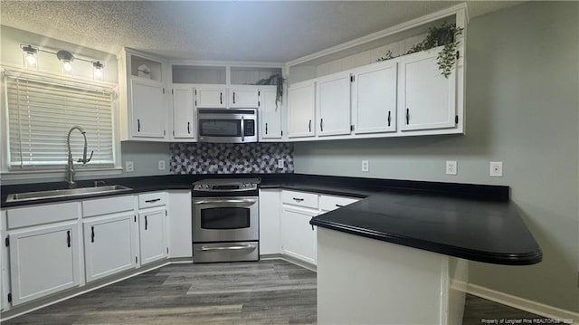 303 Nash Rd, Saint Pauls, NC 28384 - kitchen featuring appliances with stainless steel finishes, a sink, dark countertops, and a peninsula