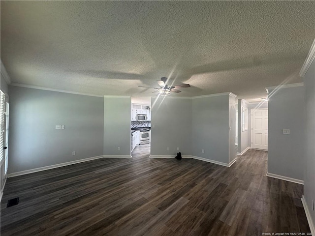 303 Nash Rd, Saint Pauls, NC 28384 - unfurnished living room with crown molding, ceiling fan, dark wood finished floors, a textured ceiling, and baseboards