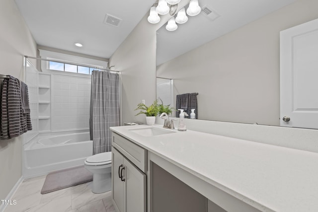 2096 Dowell Ct, Burlington, NC 27215 - bathroom featuring toilet, vanity, shower / bath combination with curtain, marble finish flooring, and baseboards
