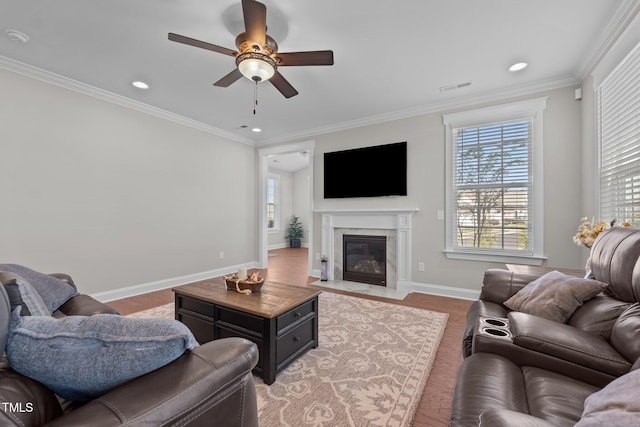 2096 Dowell Ct, Burlington, NC 27215 - living area with ceiling fan, a fireplace, crown molding, baseboards, and recessed lighting