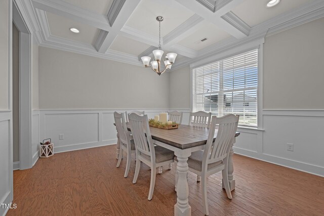 2096 Dowell Ct, Burlington, NC 27215 - dining space with coffered ceiling, a chandelier, wood finished floors, beam ceiling, and ornamental molding