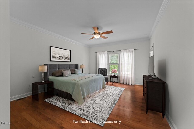 12217 Beestone Ln, Raleigh, NC 27614 - bedroom featuring ornamental molding, wood finished floors, and a ceiling fan