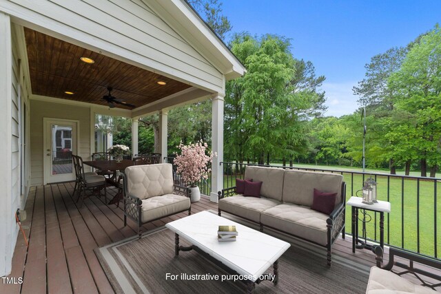 12217 Beestone Ln, Raleigh, NC 27614 - wooden terrace with an outdoor living space, outdoor dining space, a ceiling fan, and a lawn