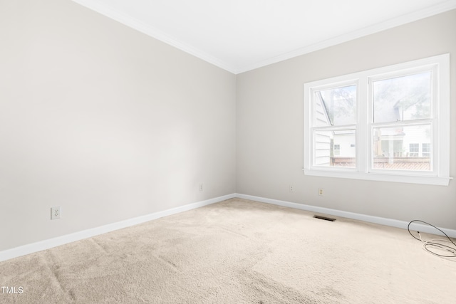 carpeted spare room with crown molding and baseboards