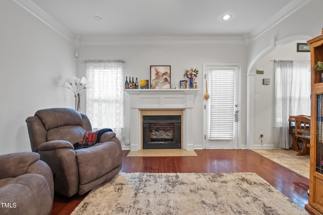 100 Jonathans Pl, Goldsboro, NC 27534 - living room featuring a fireplace with flush hearth, wood finished floors, ornamental molding, healthy amount of natural light, and recessed lighting