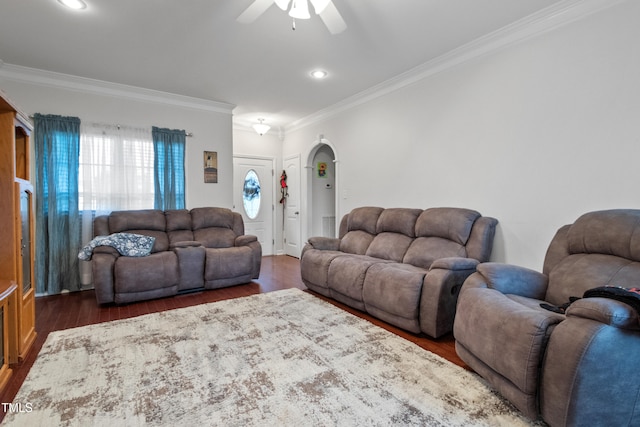 100 Jonathans Pl, Goldsboro, NC 27534 - living room featuring a ceiling fan, crown molding, arched walkways, dark wood finished floors, and recessed lighting