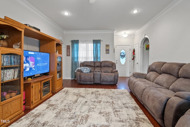 100 Jonathans Pl, Goldsboro, NC 27534 - living room with ornamental molding, wood finished floors, recessed lighting, and arched walkways