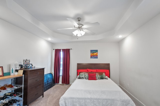 100 Jonathans Pl, Goldsboro, NC 27534 - bedroom featuring light colored carpet, a tray ceiling, recessed lighting, and ceiling fan