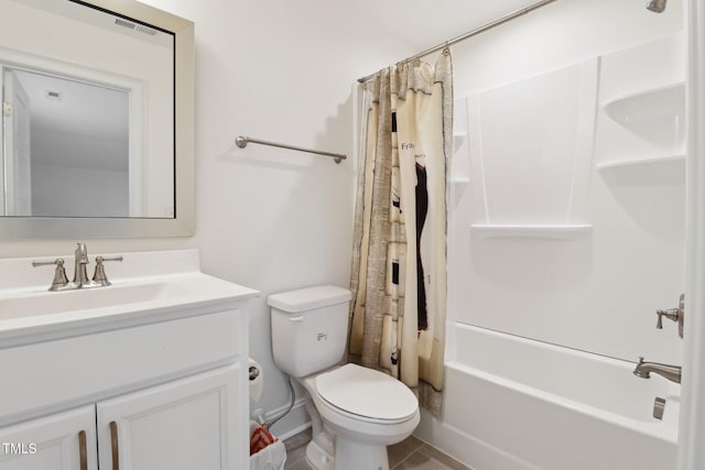 full bath with toilet, vanity, shower / bath combination with curtain, and tile patterned flooring