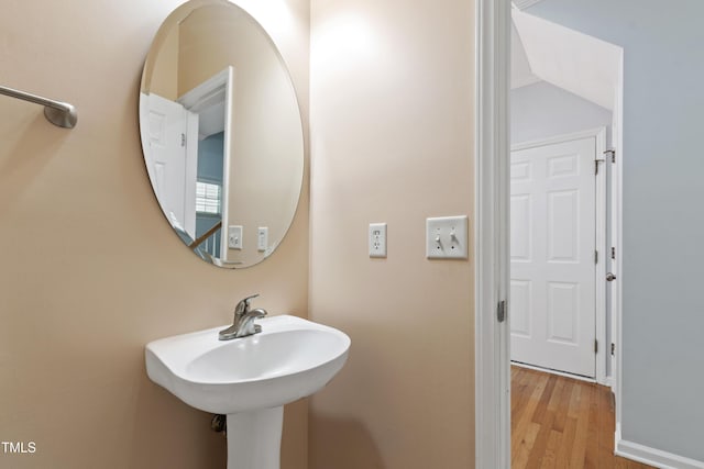 bathroom with wood finished floors and a sink