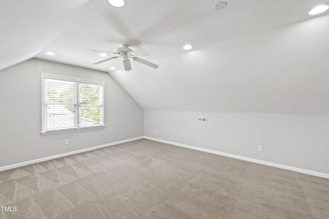 bonus room with a ceiling fan, vaulted ceiling, carpet, recessed lighting, and baseboards
