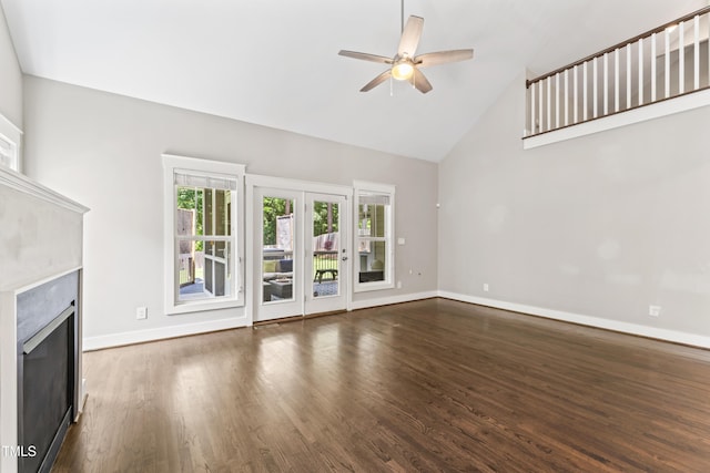 3914 Old Chapel Hill Rd, Durham, NC 27707 - unfurnished living room with healthy amount of natural light, a high end fireplace, ceiling fan, baseboards, and high vaulted ceiling