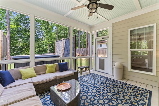 3914 Old Chapel Hill Rd, Durham, NC 27707 - sunroom / solarium featuring an outdoor hangout area and a ceiling fan