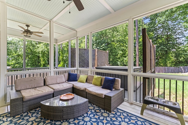 3914 Old Chapel Hill Rd, Durham, NC 27707 - sunroom featuring a ceiling fan and outdoor lounge area