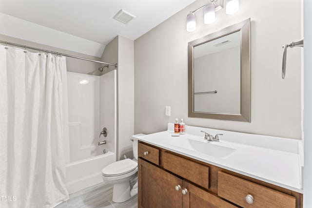 3914 Old Chapel Hill Rd, Durham, NC 27707 - bathroom featuring toilet, vanity, shower / tub combo with curtain, and lofted ceiling