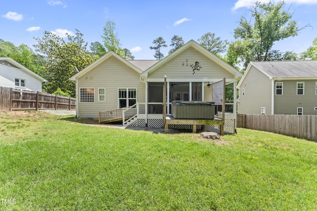 3914 Old Chapel Hill Rd, Durham, NC 27707 - rear view of house with a sunroom and a ceiling fan