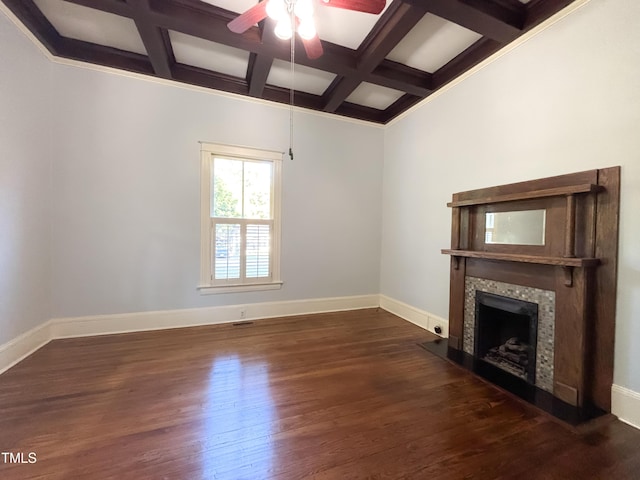 208 Glenn St, Franklinton, NC 27525 - unfurnished living room featuring coffered ceiling, a ceiling fan, wood finished floors, beam ceiling, and baseboards