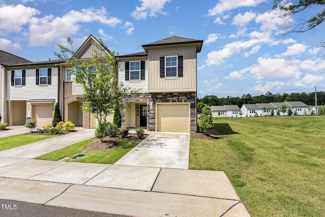 3015 Cypress Lagoon Ct, Durham, NC 27703 - view of front of property featuring board and batten siding, a front lawn, stone siding, concrete driveway, and an attached garage