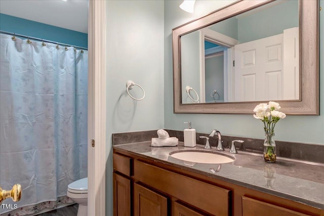 full bathroom with toilet, vanity, and a shower with curtain