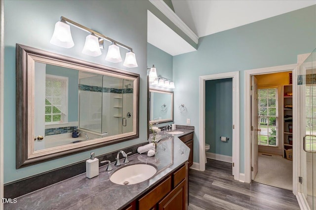 full bathroom featuring a shower stall, wood finished floors, toilet, vanity, and baseboards