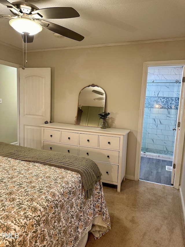 bedroom with light colored carpet, crown molding, ceiling fan, and baseboards