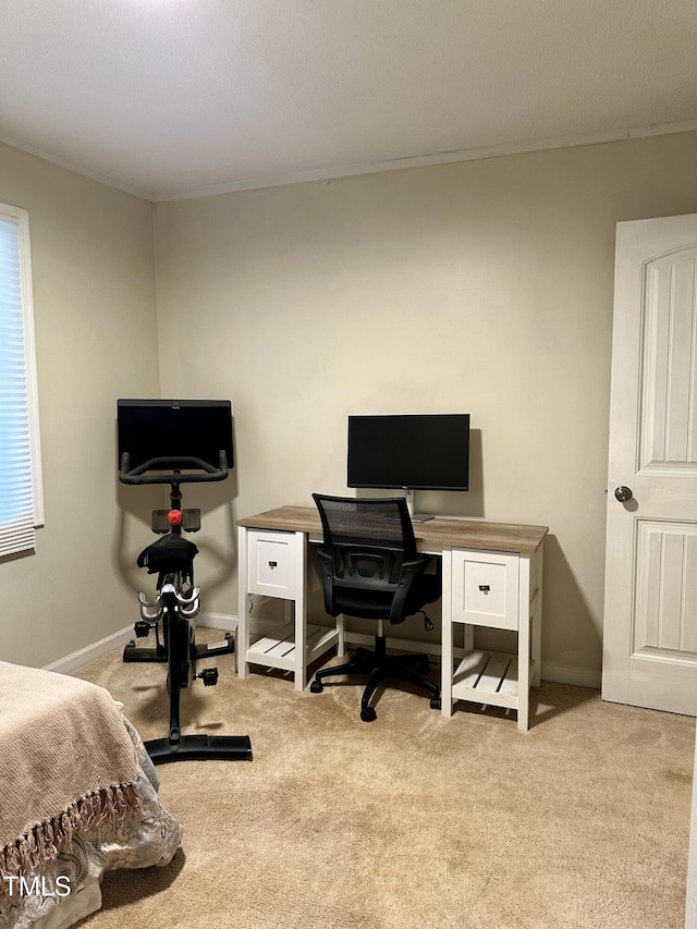 bedroom featuring carpet, a desk, crown molding, and baseboards