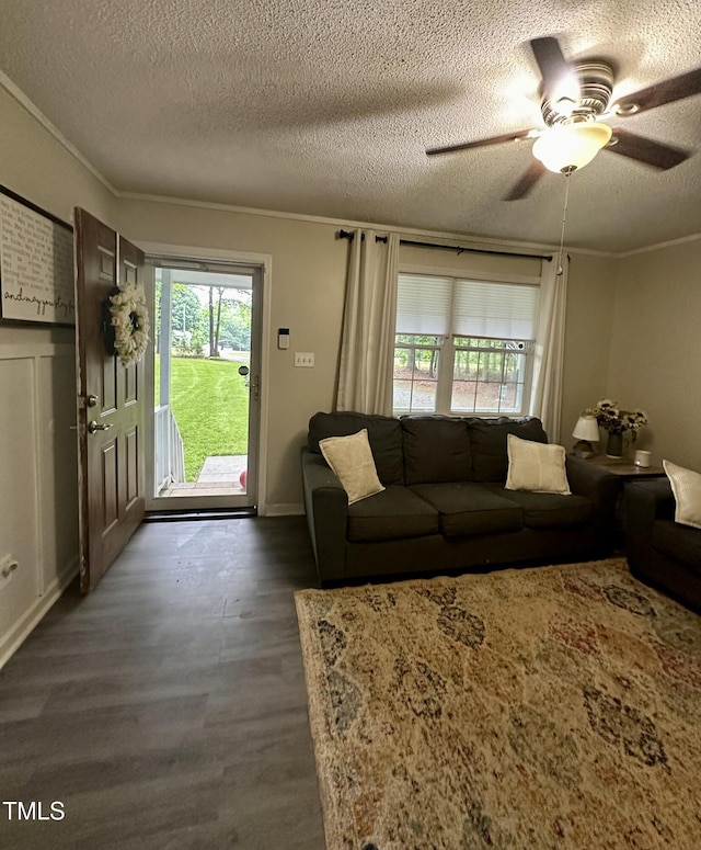 living room featuring plenty of natural light, dark wood-style flooring, a textured ceiling, ceiling fan, and ornamental molding
