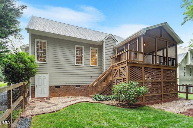 6335 Cedar Waters Dr, Raleigh, NC 27607 - back of house with crawl space, stairs, a sunroom, and roof with shingles