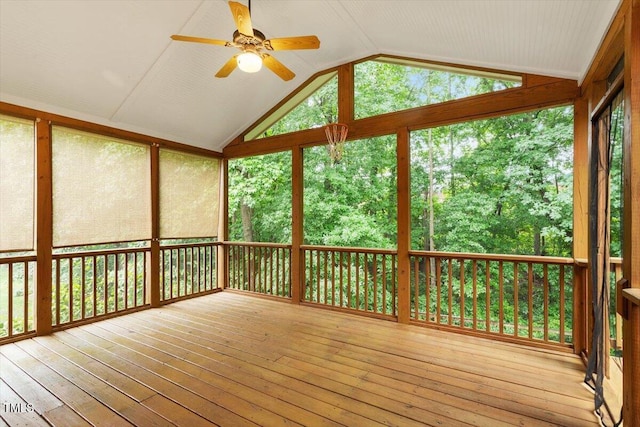 6335 Cedar Waters Dr, Raleigh, NC 27607 - unfurnished sunroom featuring ceiling fan, lofted ceiling, a wooden deck, and hardwood / wood-style floors