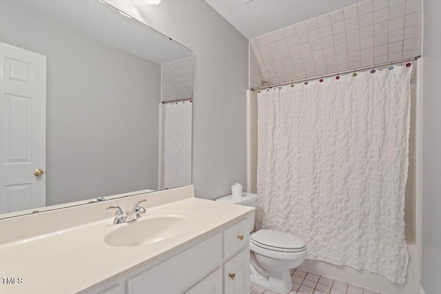 6335 Cedar Waters Dr, Raleigh, NC 27607 - bathroom with toilet, vanity, tile patterned floors, and shower / tub combo with curtain